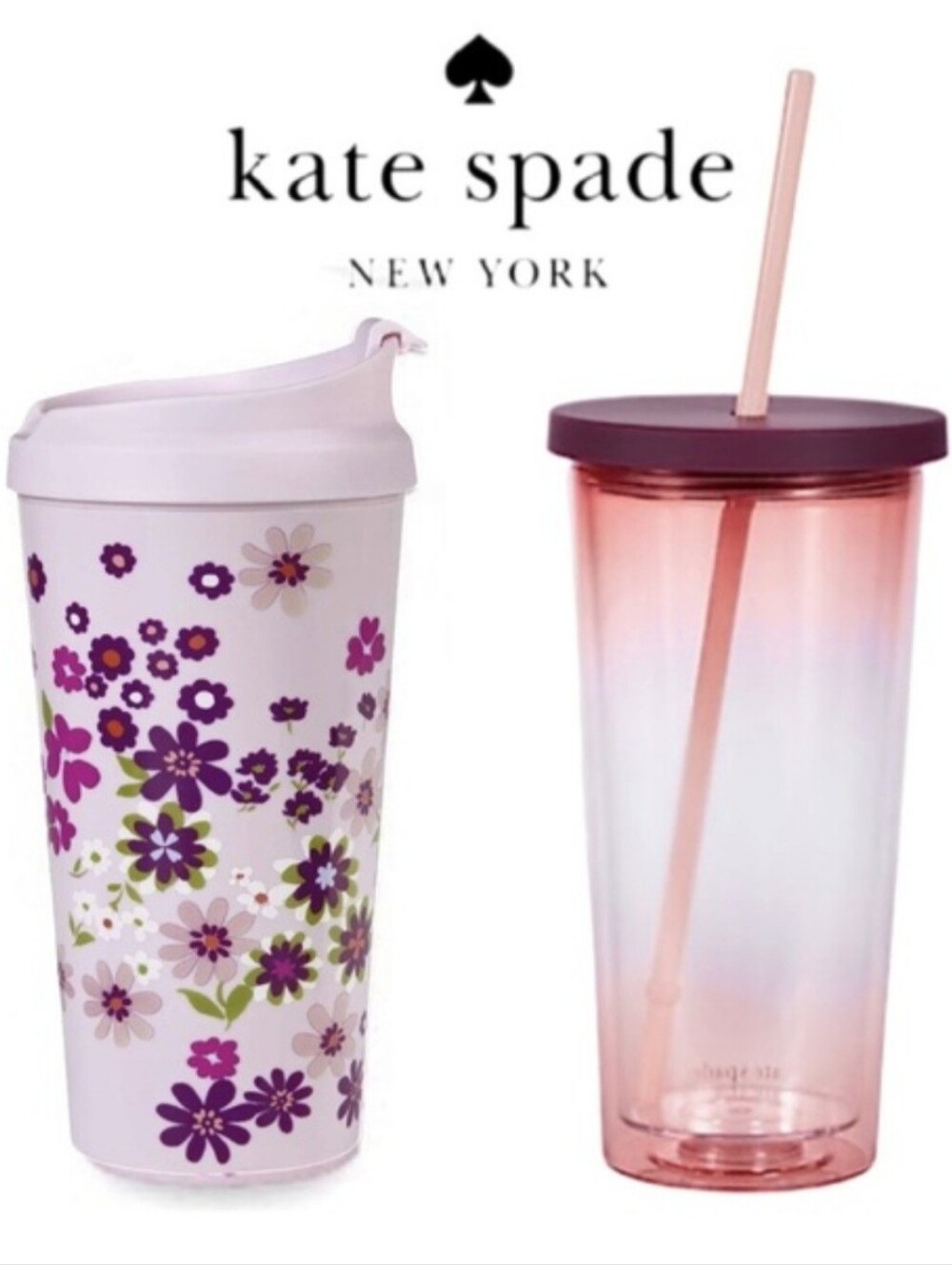 kate spade Pacific Petals Thermal Travel Mug with Pink Tumbler with Straw NIB